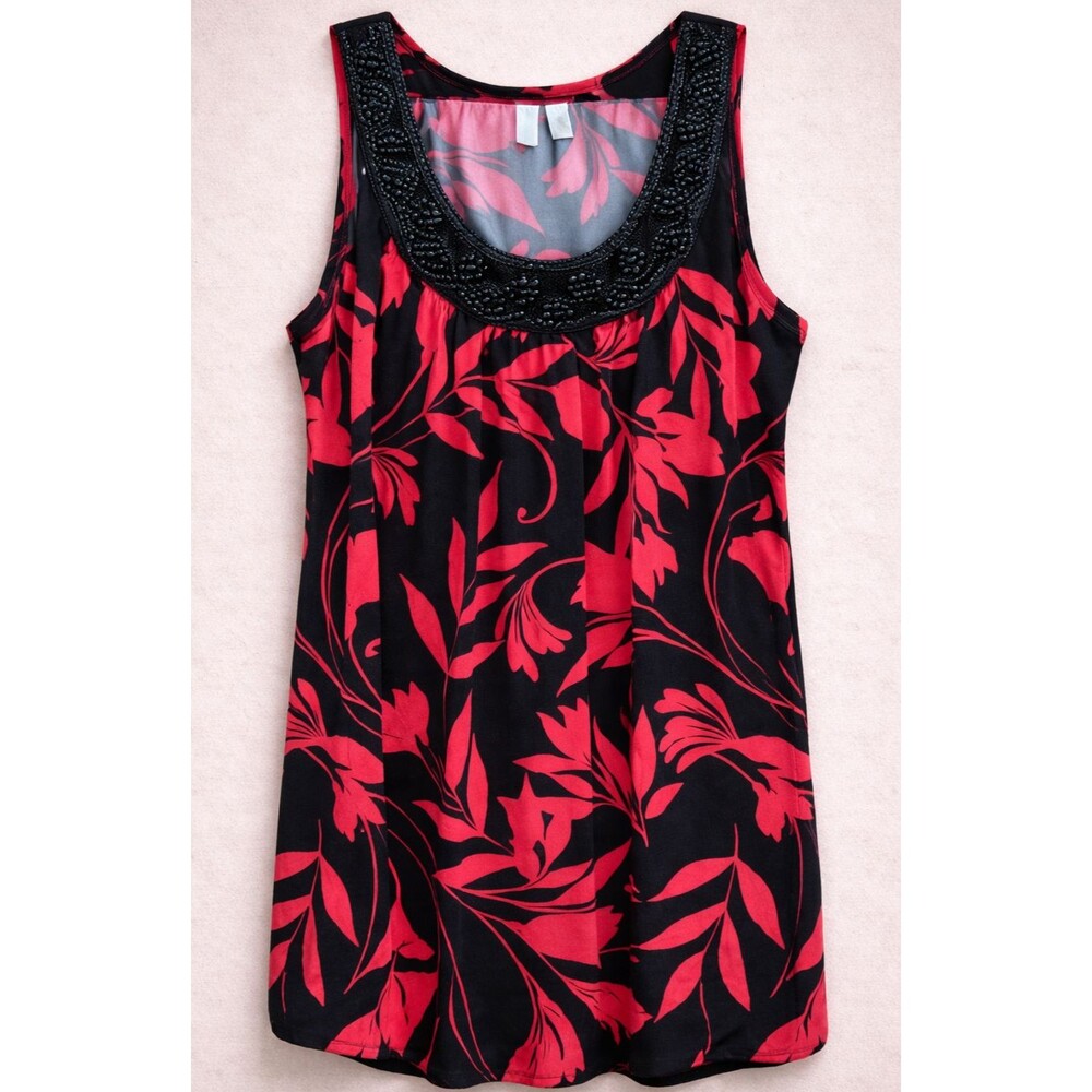 Y2K Floral Beaded Tank Top Womens Large Black Pink Tropical Sleeveless